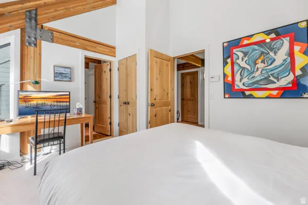 Carpeted bedroo,  closet with organizer, high vaulted ceiling and ensuite bathroom
