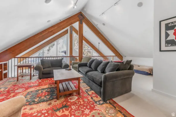 Loft living room with vaulted ceiling,