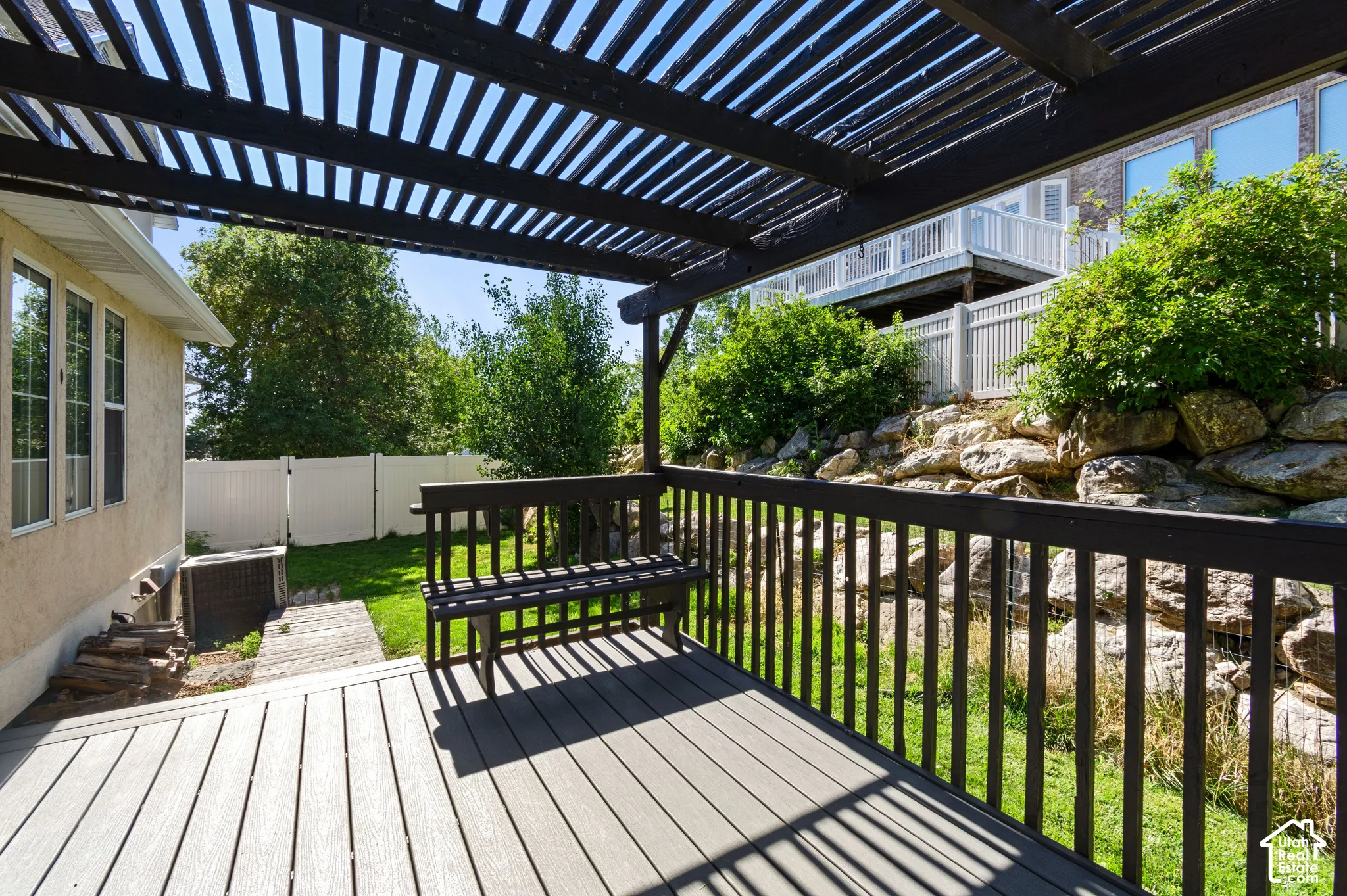 Deck with a fenced backyard, a pergola, and a gate