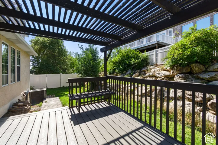Deck with a fenced backyard, a pergola, and a gate