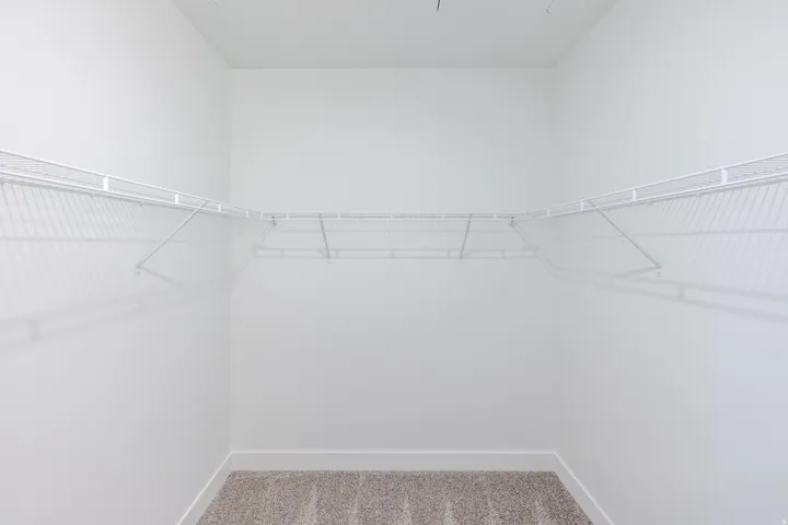 Closet space featuring neutral-toned carpet, white baseboards, and comprehensive wire shelving for organization