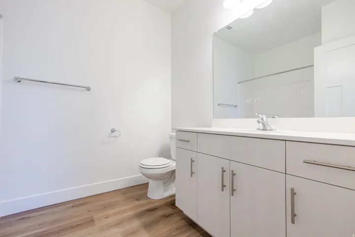 Bathroom featuring a white vanity with brushed nickel pulls, a single basin sink, and a large wall-mounted mirror