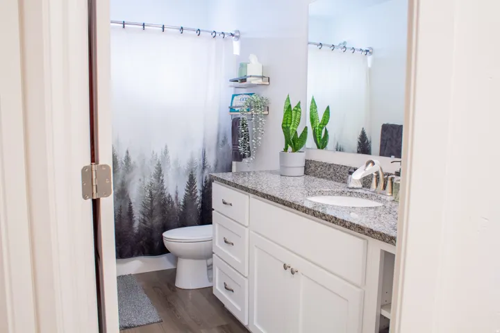 Bathroom with a shower with shower curtain, vanity, and dark wood-style floors