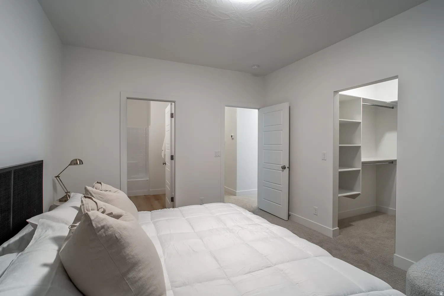 Carpeted bedroom with a walk in closet and connected bathroom