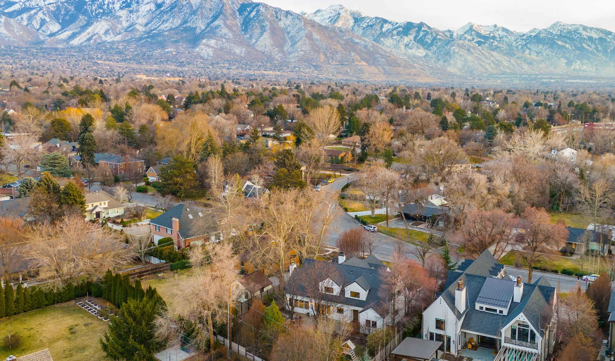 Aerial view of residential area featuring a mountain backdrop