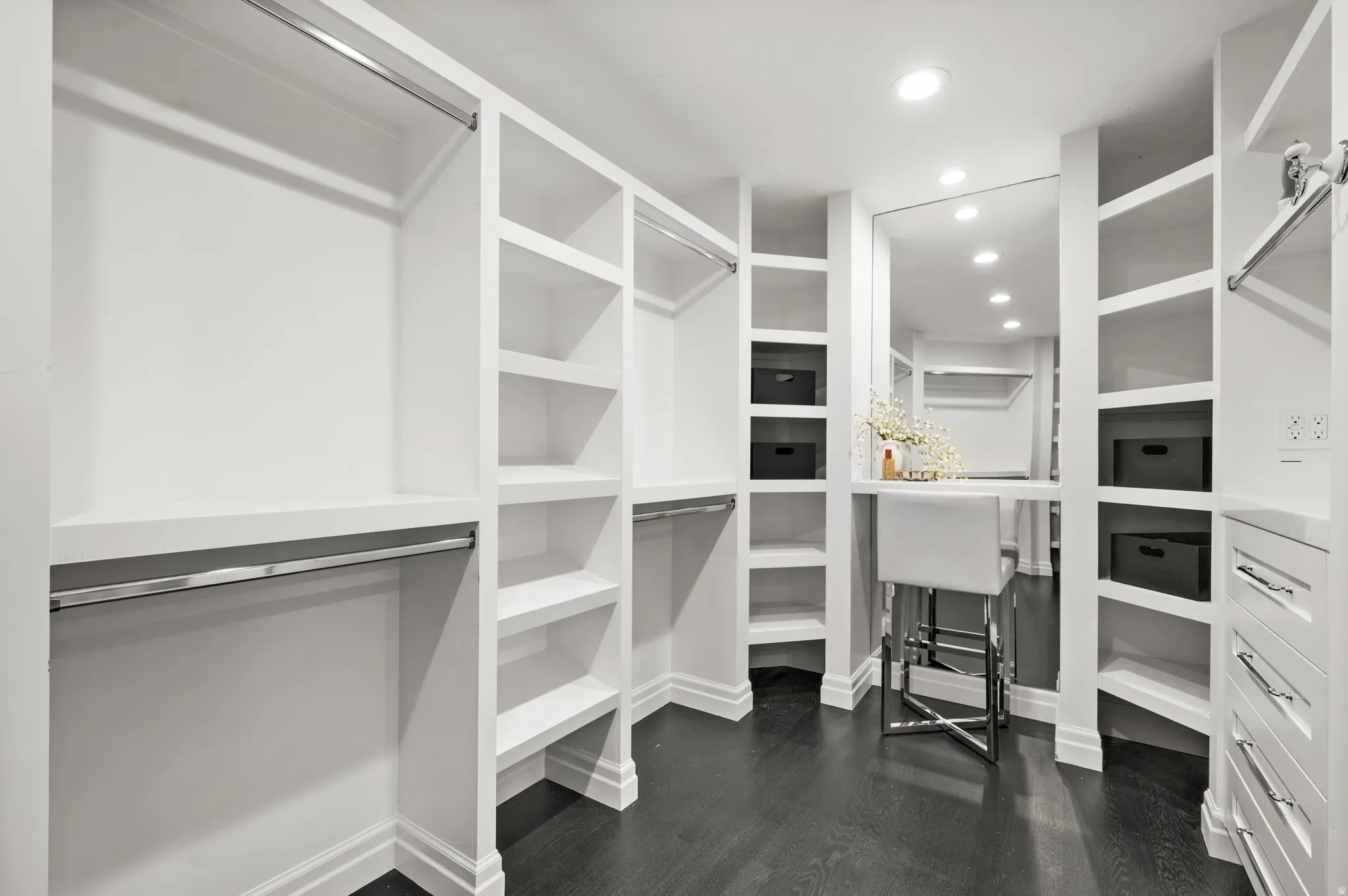 Master Walk in closet featuring dark wood-style floors