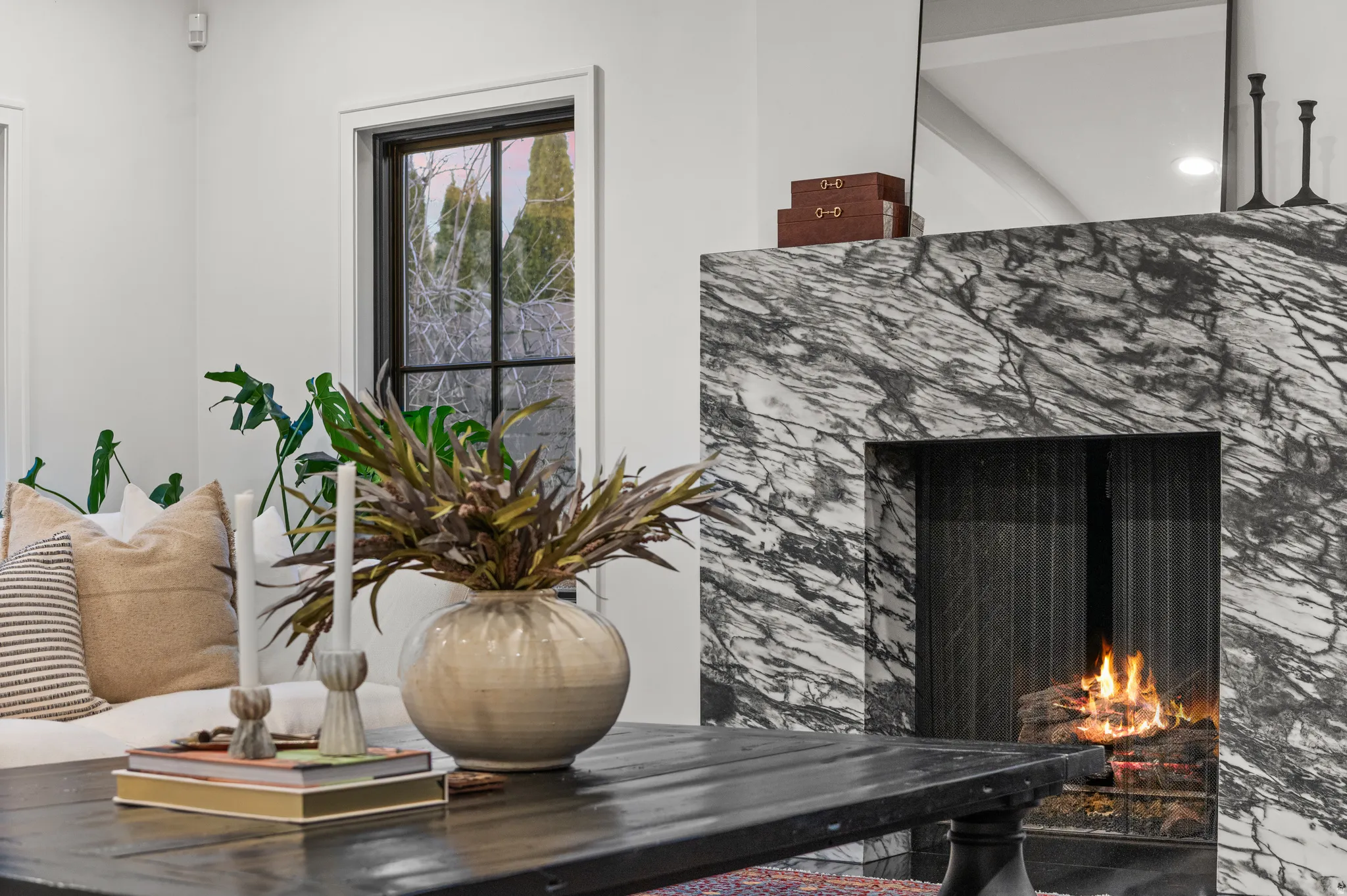 Detailed view of a lit fireplace