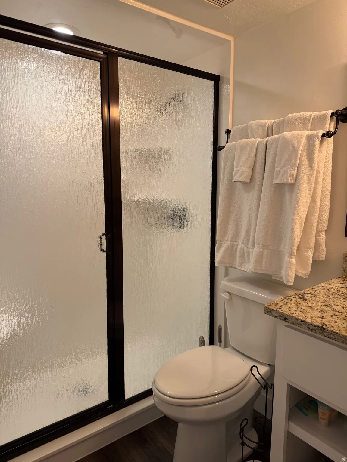 Full bath with a stall shower, vanity, and dark wood-style flooring
