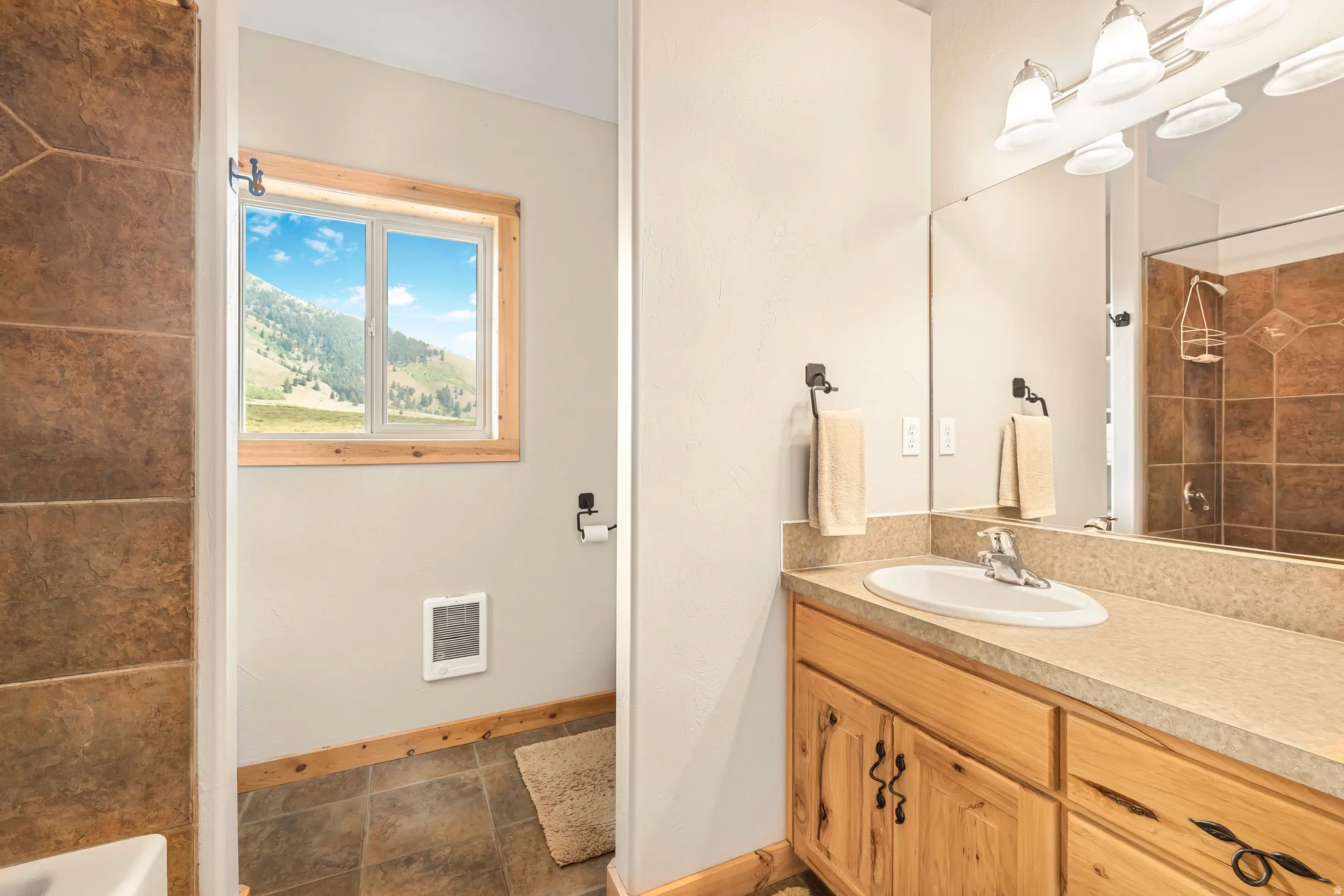 Bathroom featuring vanity,  shower combination, and heating unit