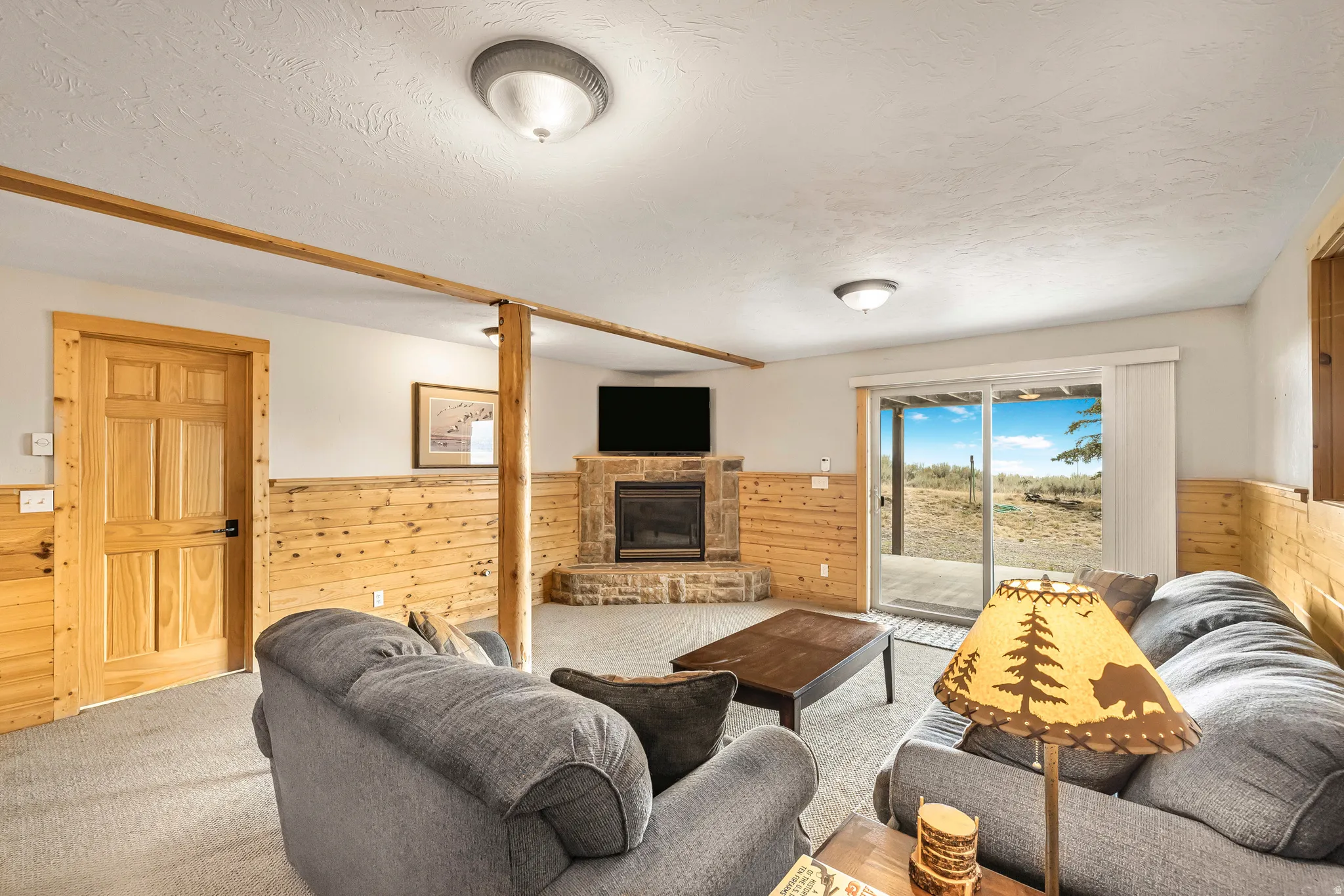 Carpeted living room with wainscoting, wood walls, a textured ceiling, and a fireplace