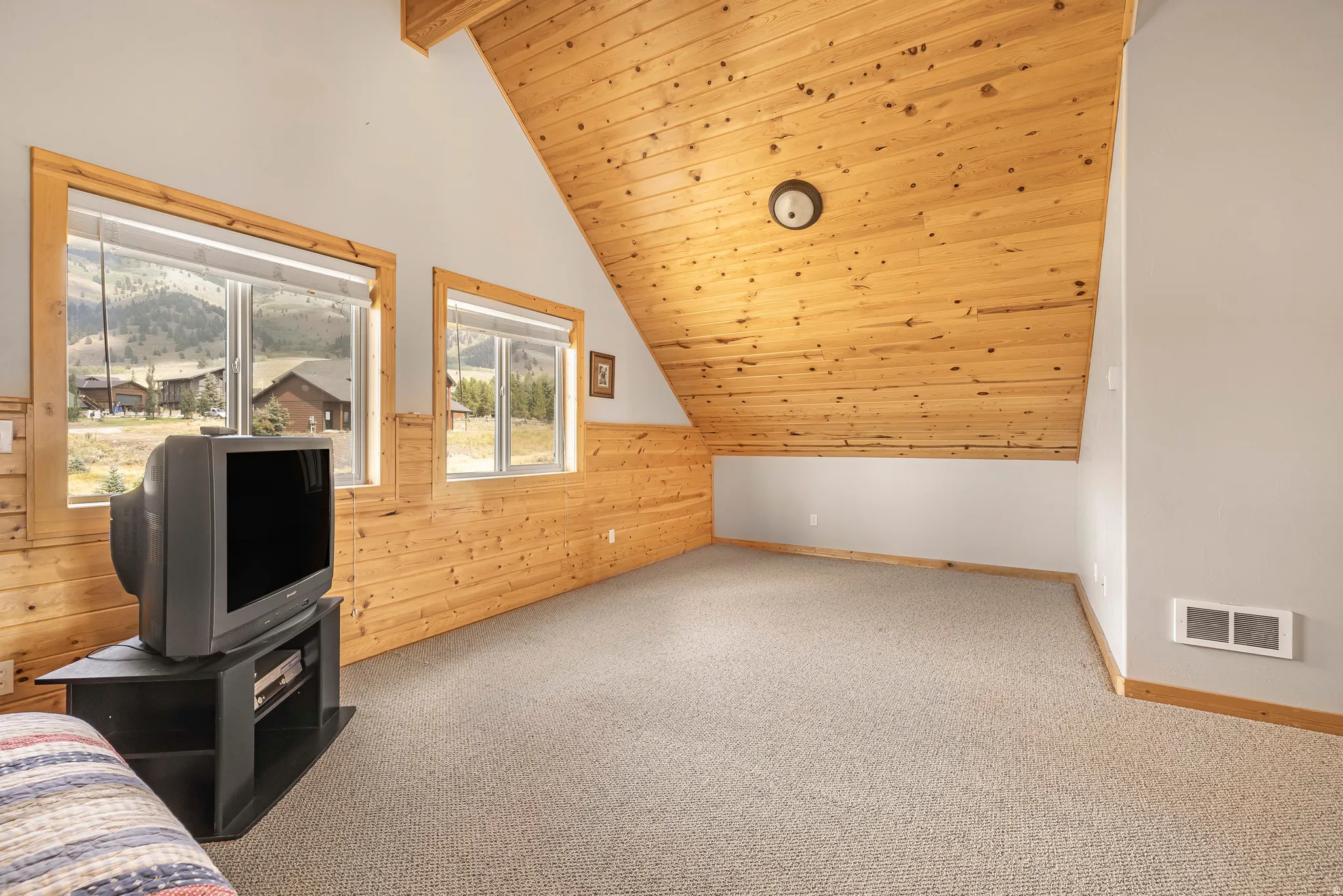 Additional living space featuring wooden walls, wood ceiling, and light colored carpet