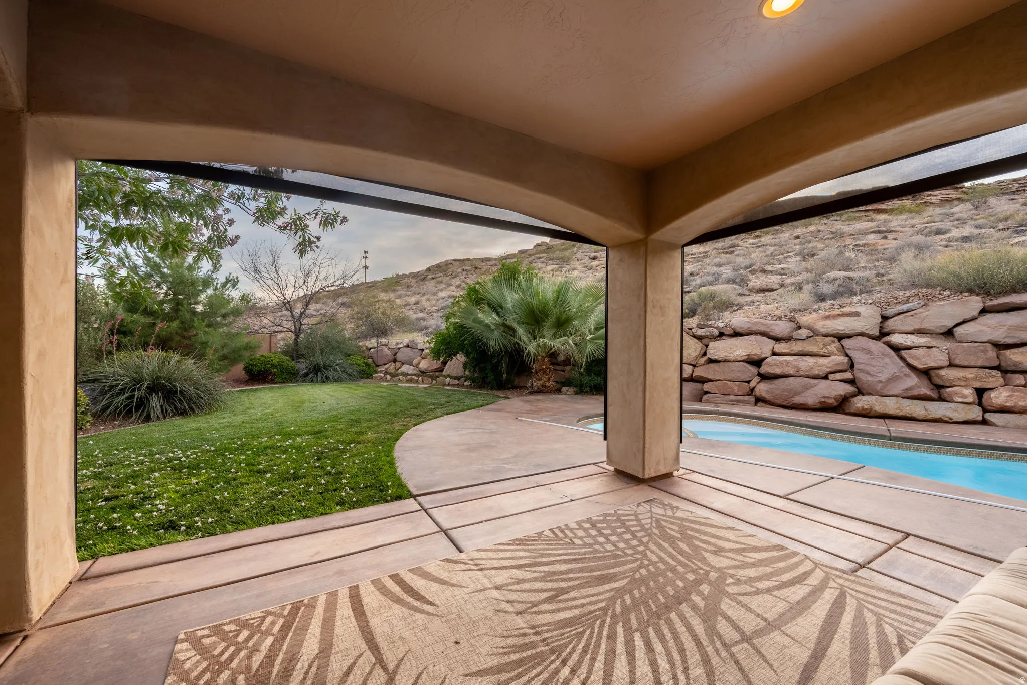 View of patio featuring a mountain view