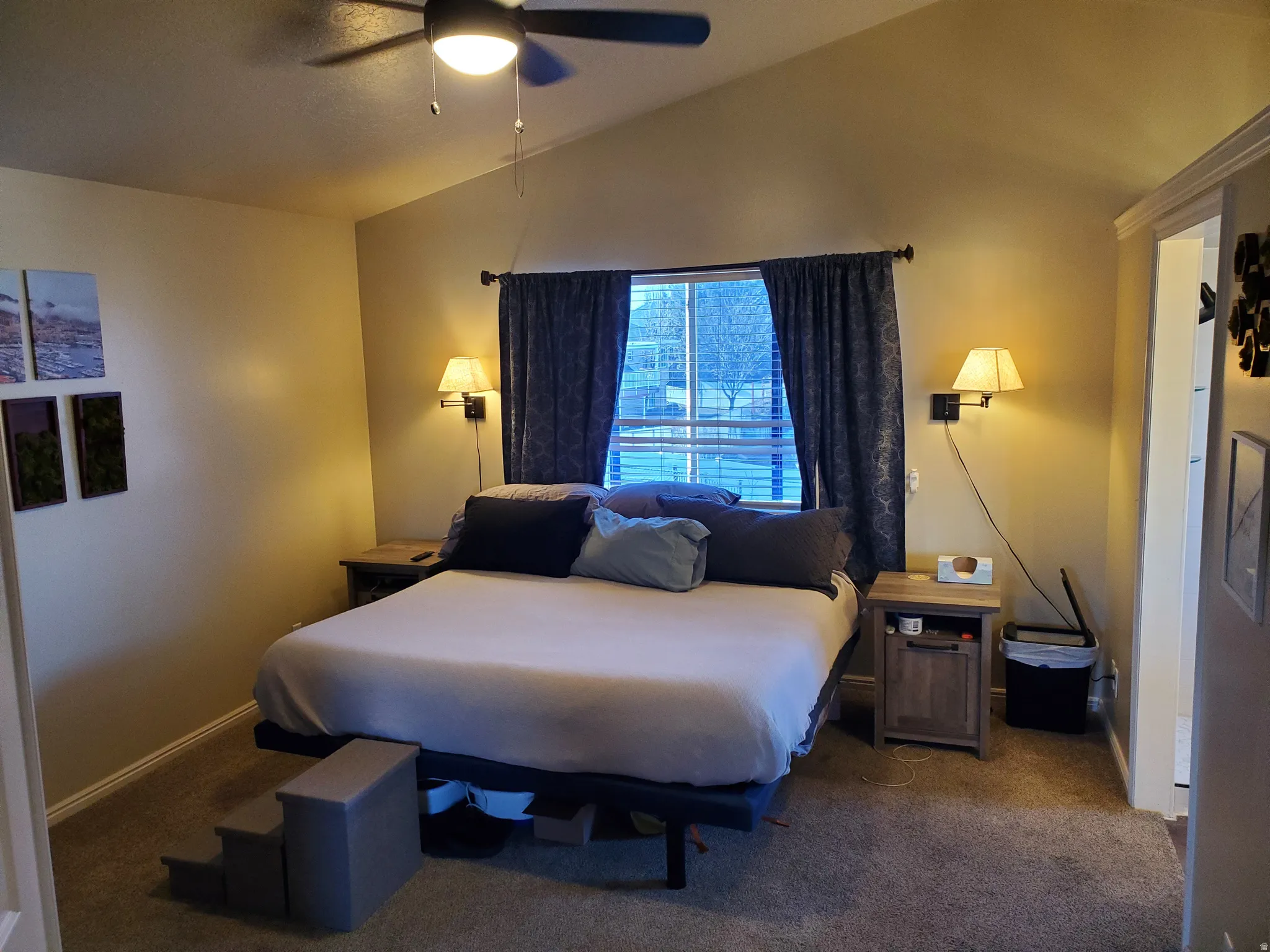 Carpeted bedroom with vaulted ceiling and a ceiling fan