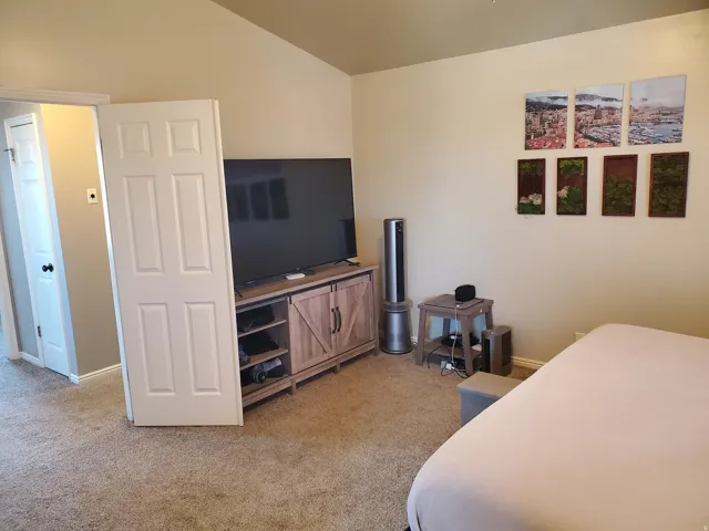 Bedroom featuring light carpet and lofted ceiling