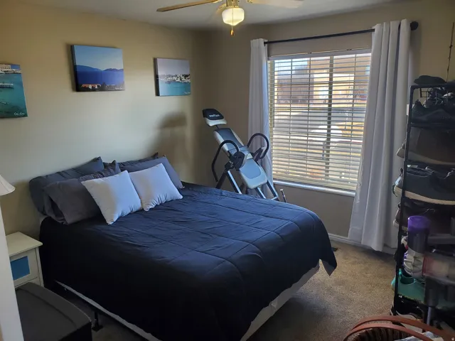 Carpeted bedroom with ceiling fan