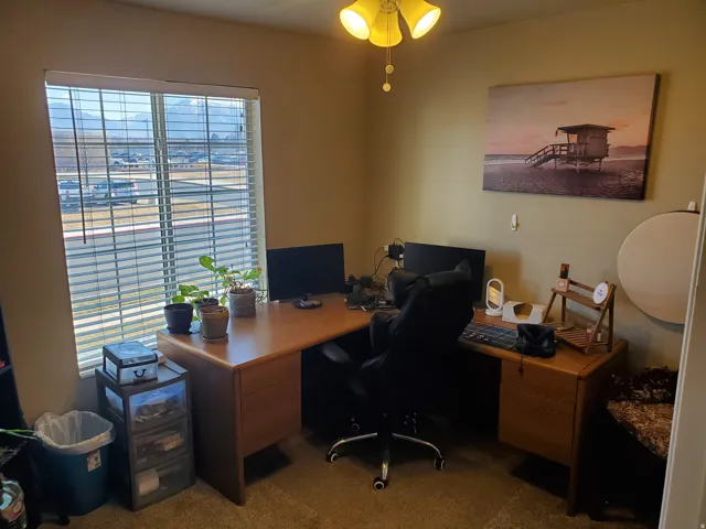 Office with dark carpet