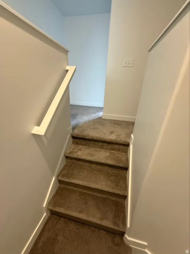Stairs featuring baseboards and carpet floors