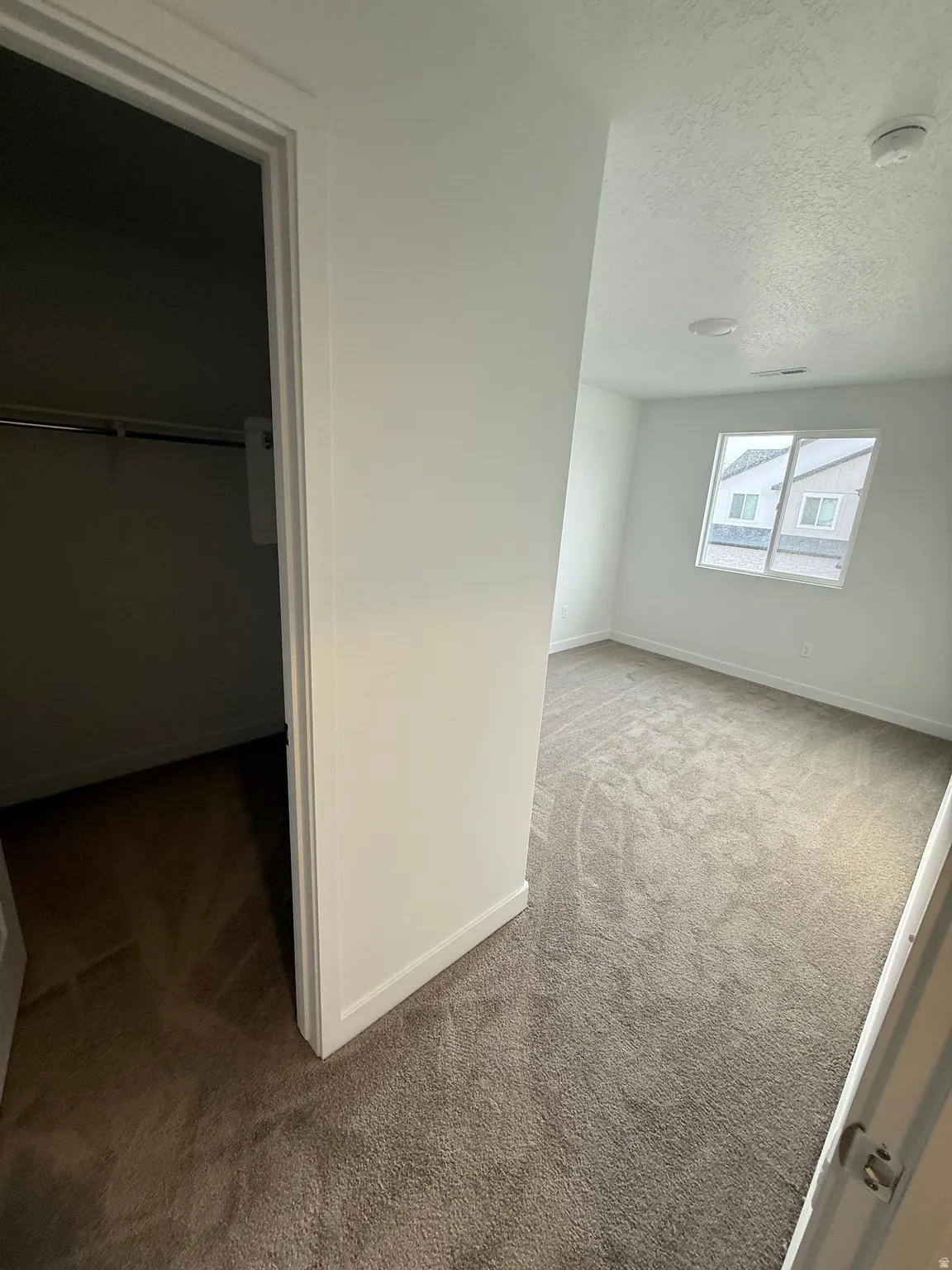 Unfurnished bedroom featuring light colored carpet, a textured ceiling, and a spacious closet