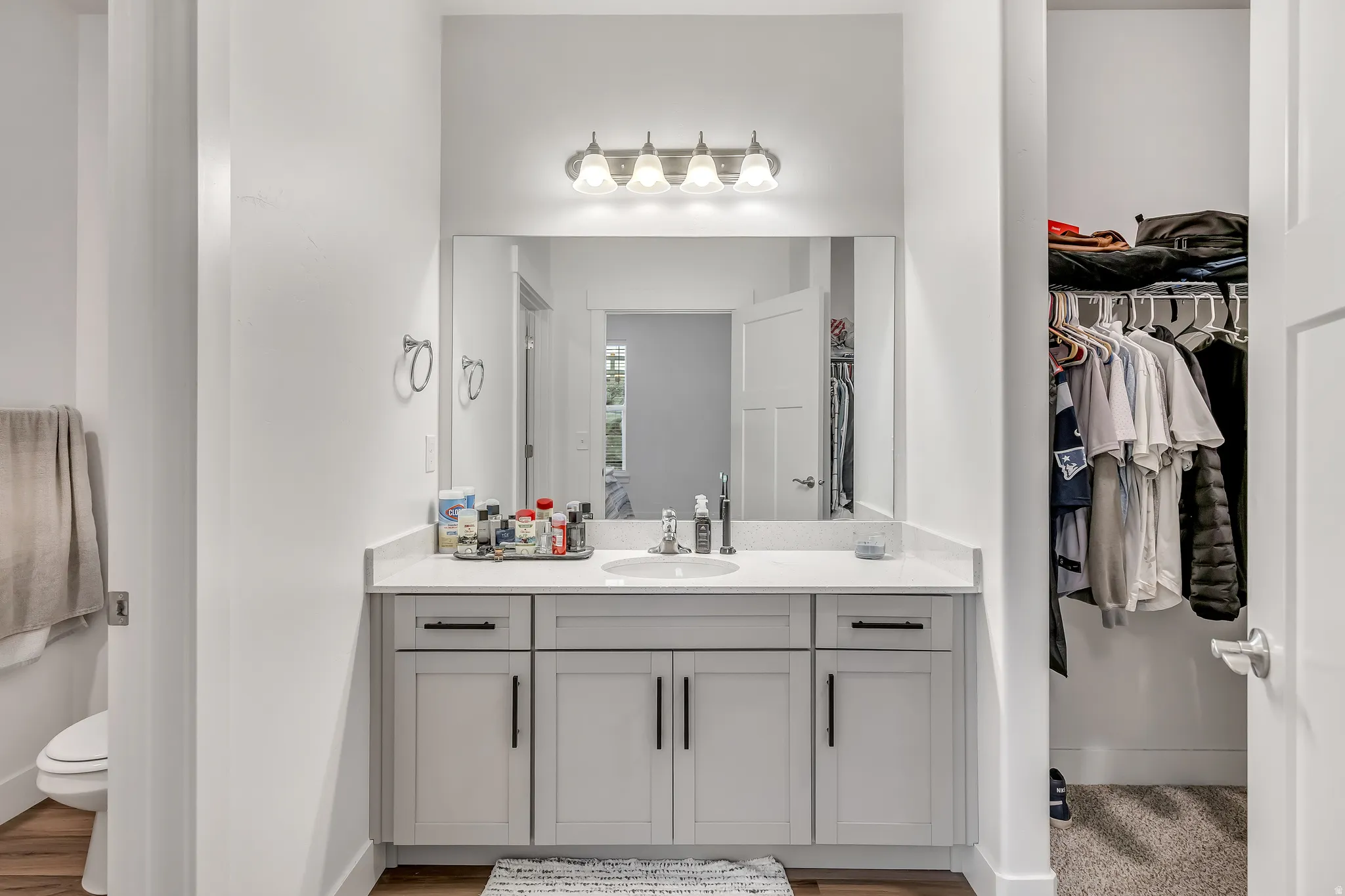 Bathroom with vanity, a spacious closet, and light wood finished floors