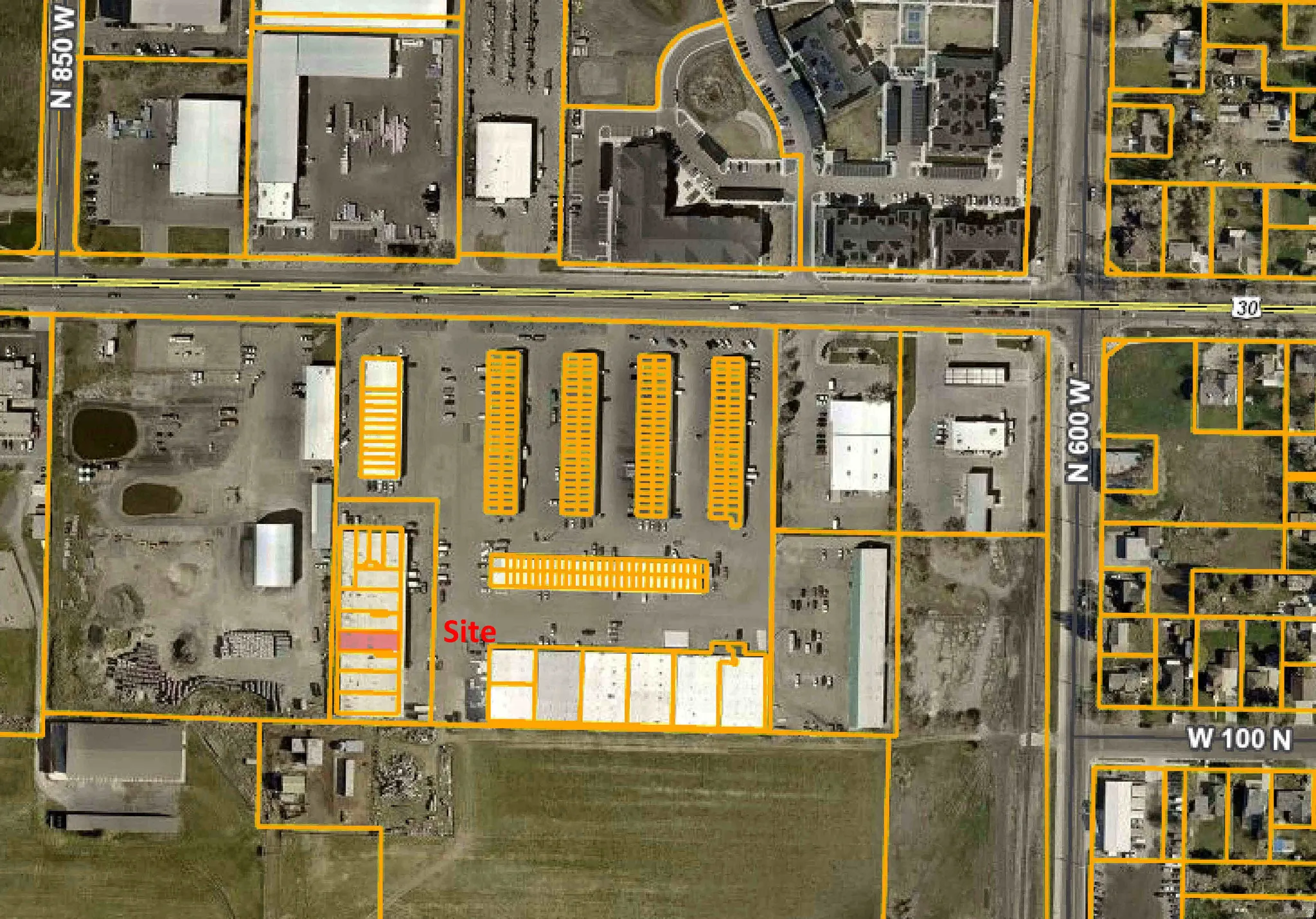 Aerial map of property and surrounding area featuring property parcel outlined