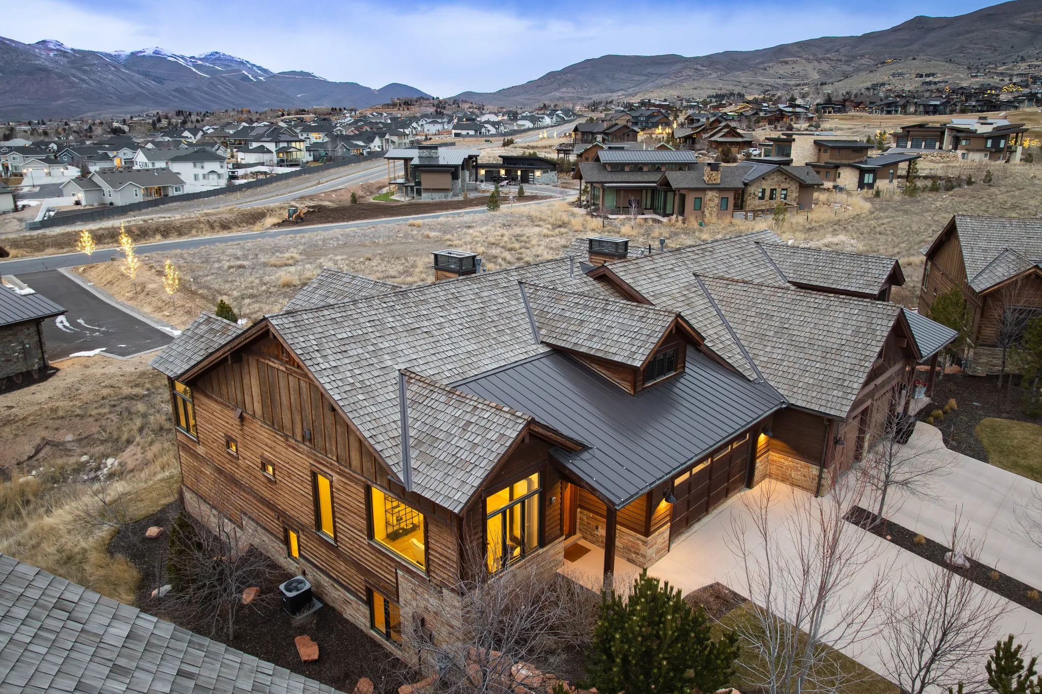 Aerial perspective of suburban area with mountains