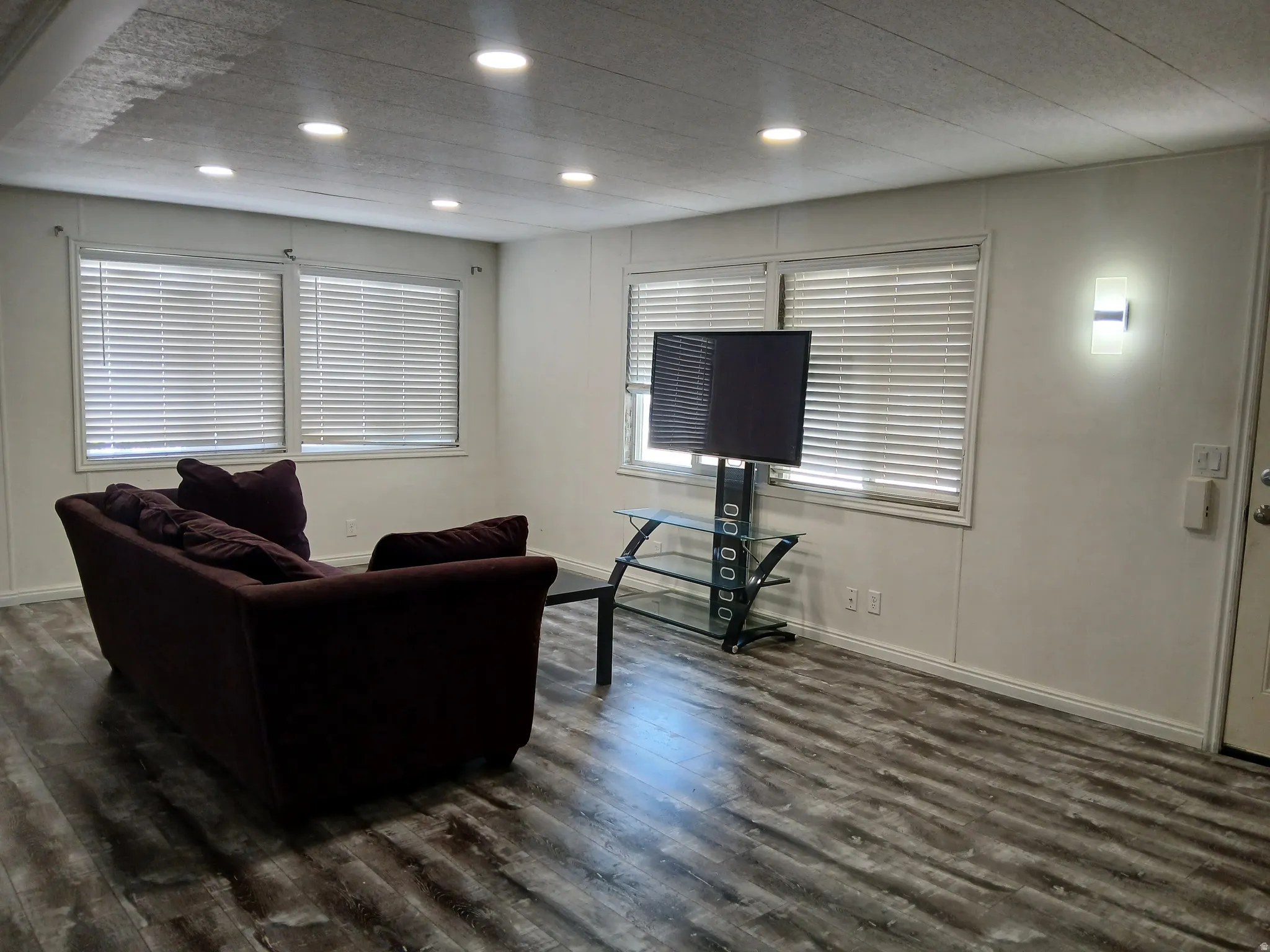 Living room with dark wood-type flooring and recessed lighting