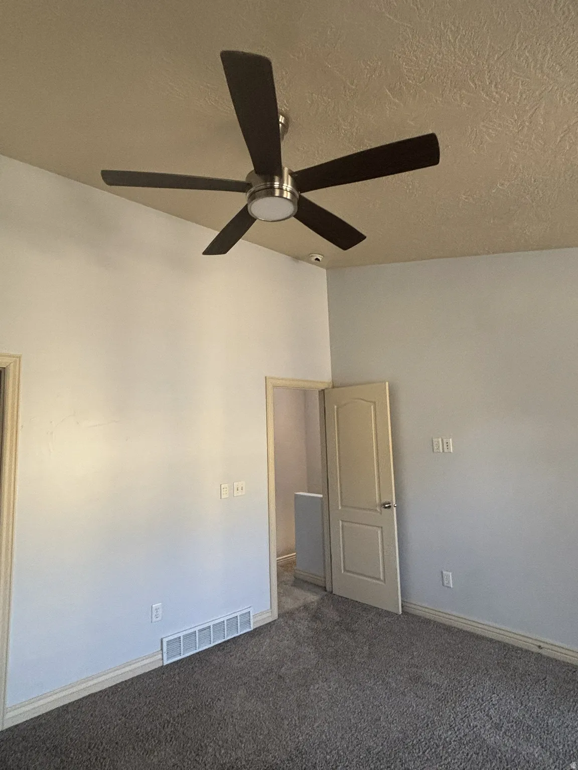 Master bedroom with carpet, a ceiling fan, and a textured ceiling