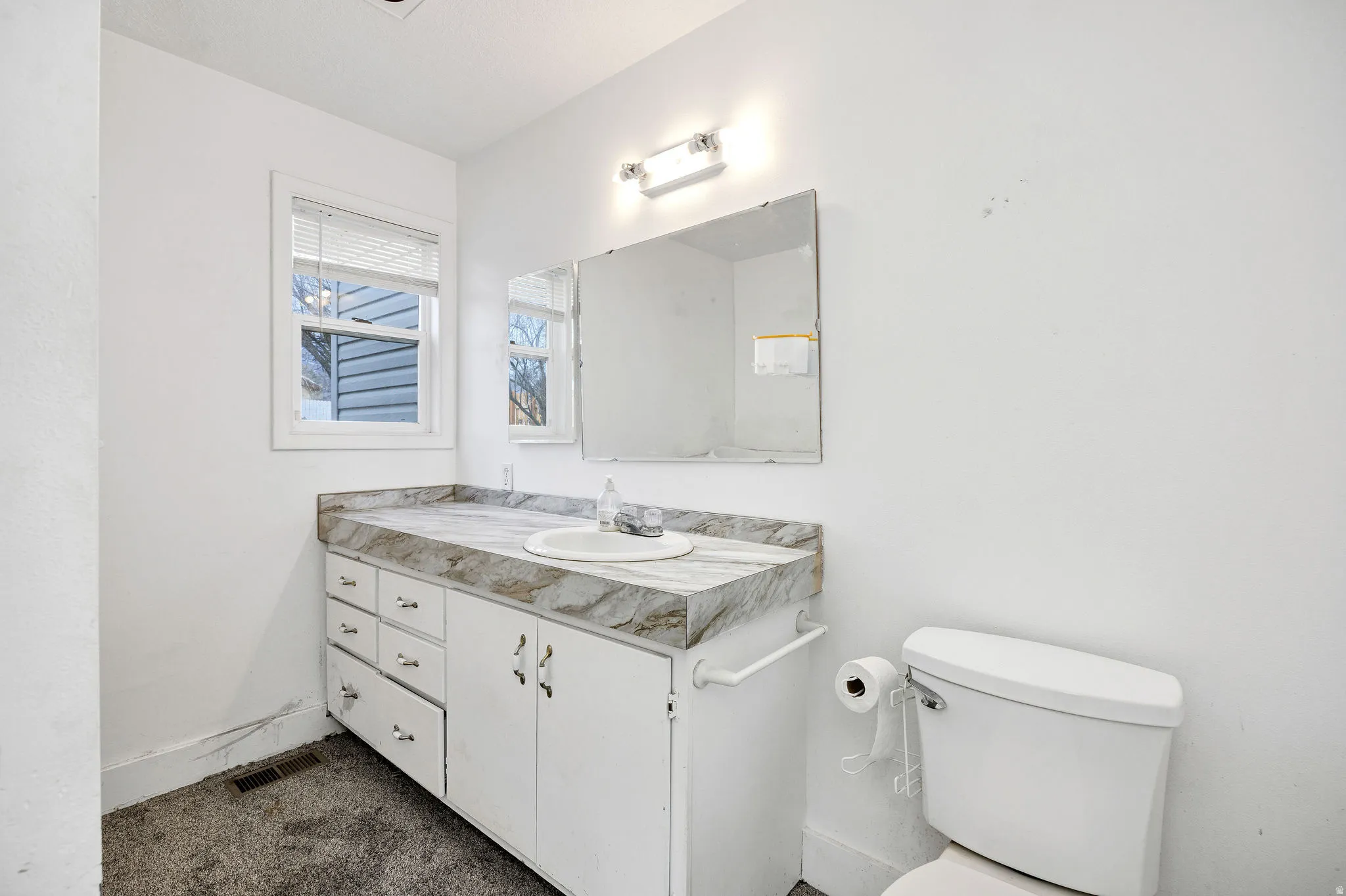 Bathroom with vanity and dark colored carpet