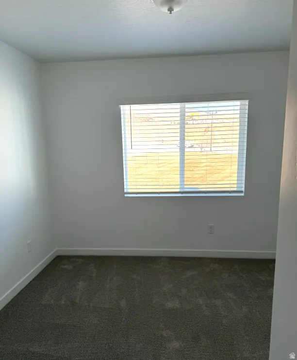 Unfurnished room featuring dark carpet and plenty of natural light