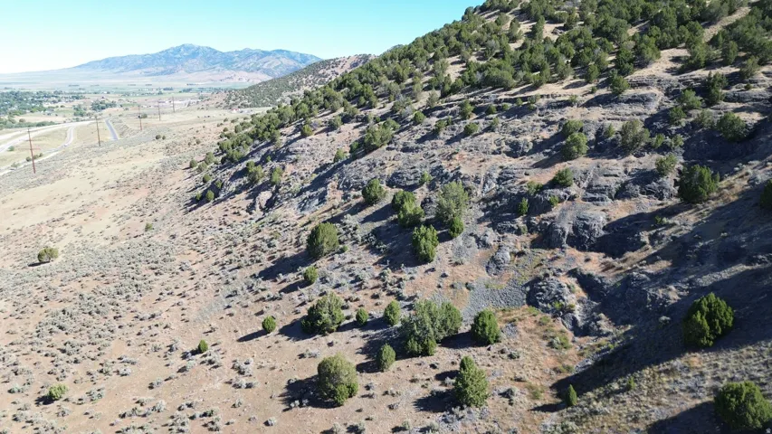 Expansive sloped terrain with natural rock formations and scattered evergreen shrubbery