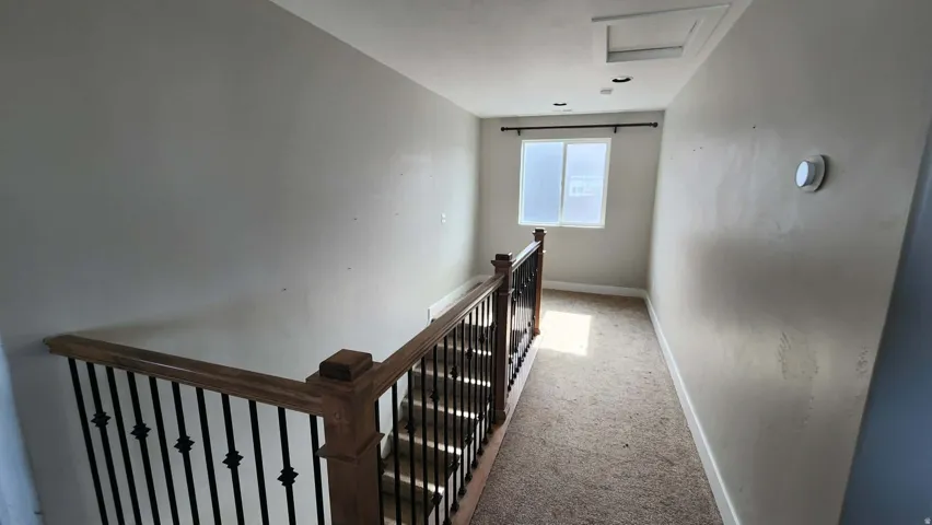 Stairway with attic access and carpet flooring