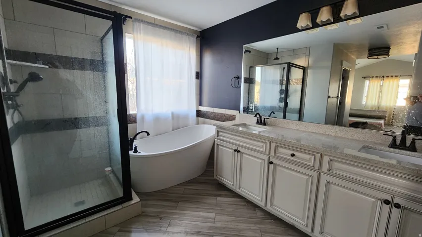 Bathroom with a shower stall, a soaking tub, double vanity, and healthy amount of natural light