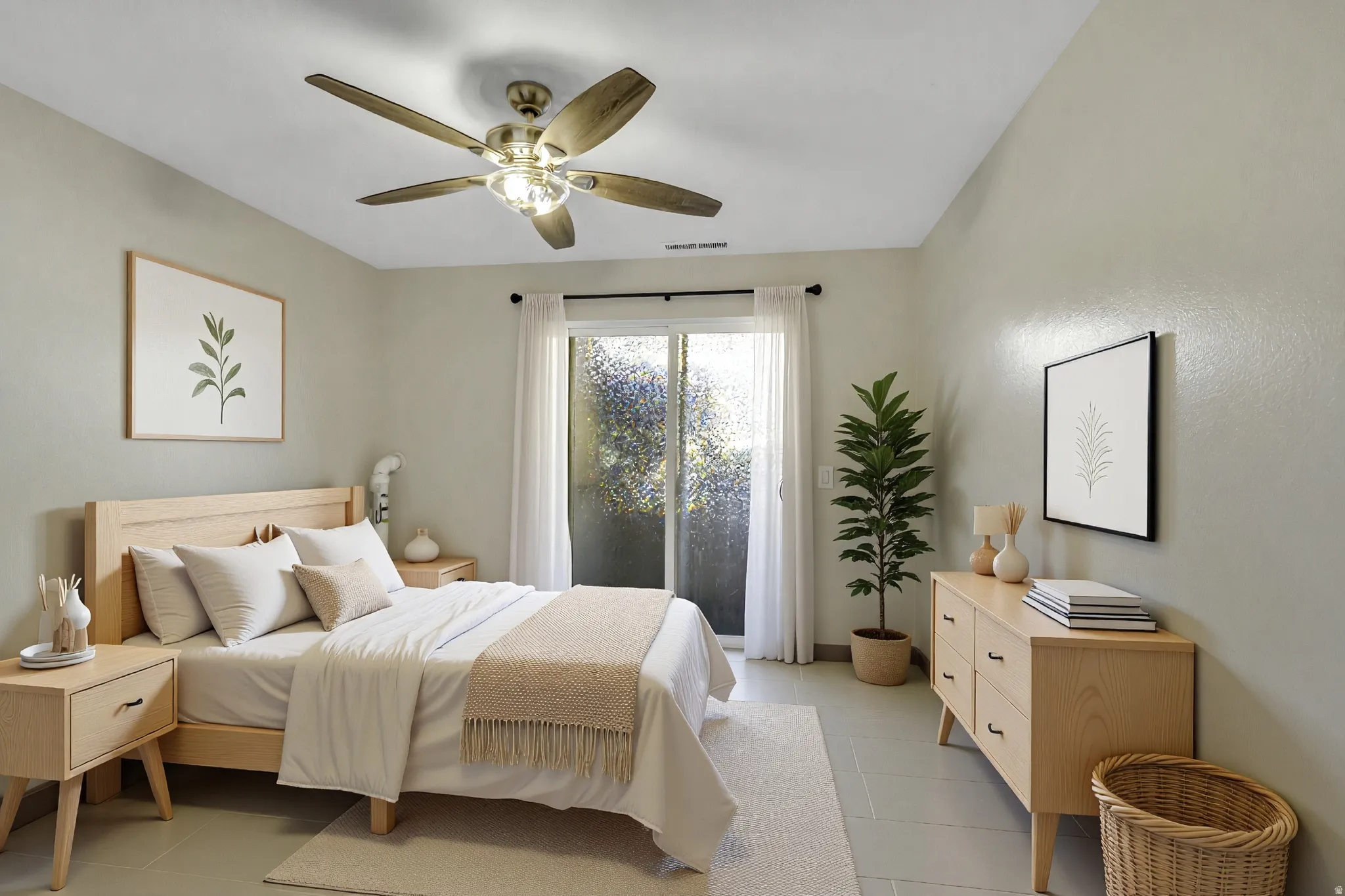 Bedroom featuring ceiling fan and tile floor. Virtually staged.