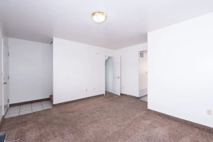 Unfurnished room featuring light colored carpet and a textured ceiling