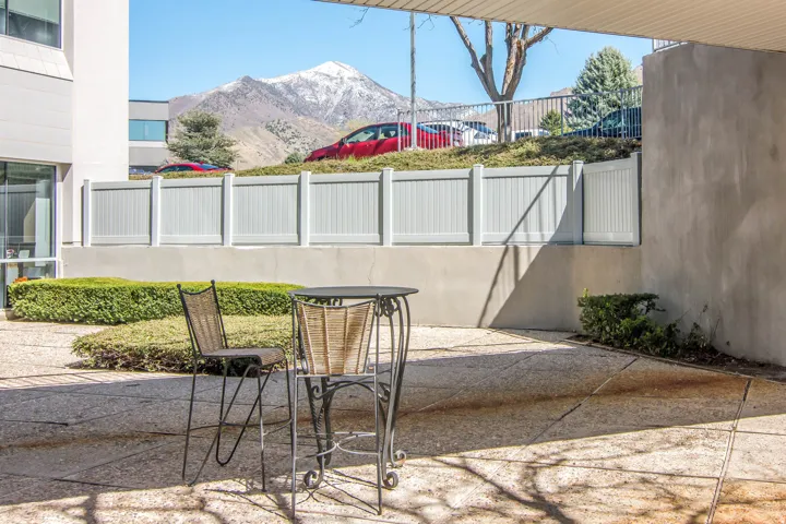 View of patio featuring a mountain view