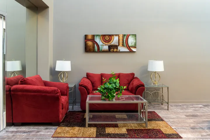 Living room featuring wood tiled floors