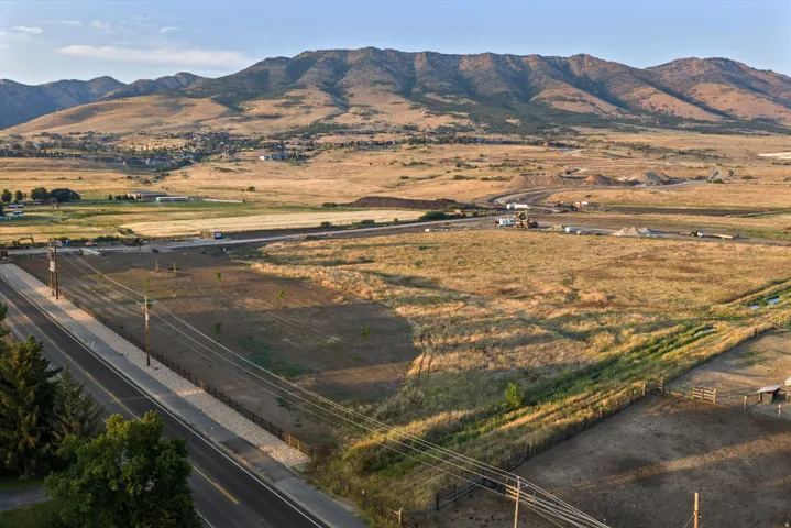 Expansive undeveloped land featuring a paved road frontage and utility poles
