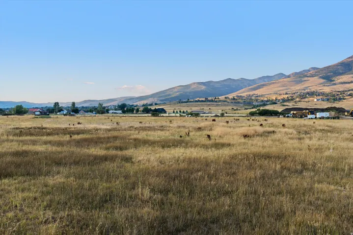 Expansive natural landscape featuring dry grasses, distant mountains, and scattered rural structures under a clear sky