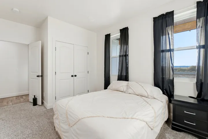 Carpeted bedroom with a closet and baseboards