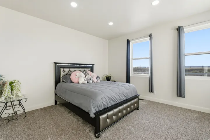 Carpeted bedroom with baseboards and recessed lighting