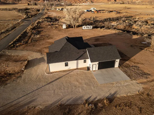 Aerial view of sparsely populated area featuring a desert landscape