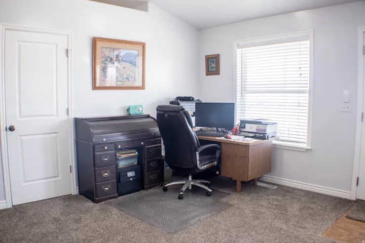 Office area featuring baseboards and carpet flooring