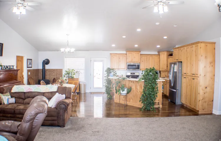 Living room with a ceiling fan, vaulted ceiling, a wood stove, dark carpet, and recessed lighting