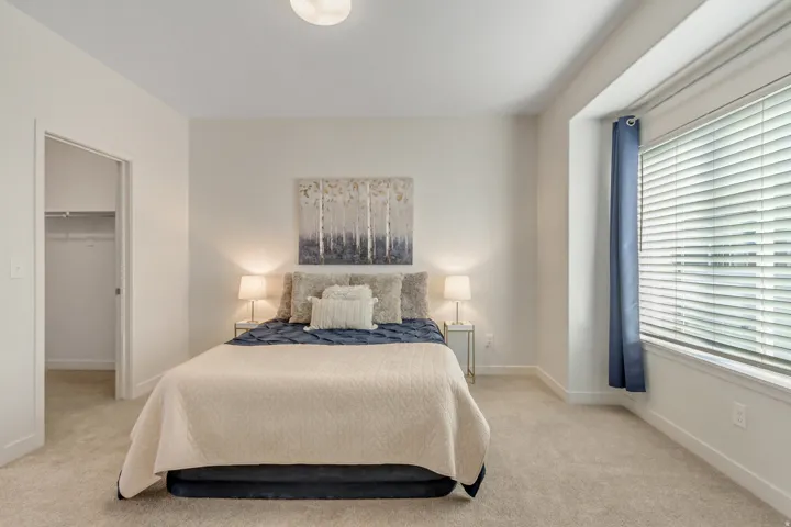 Bedroom with a spacious closet and light carpet