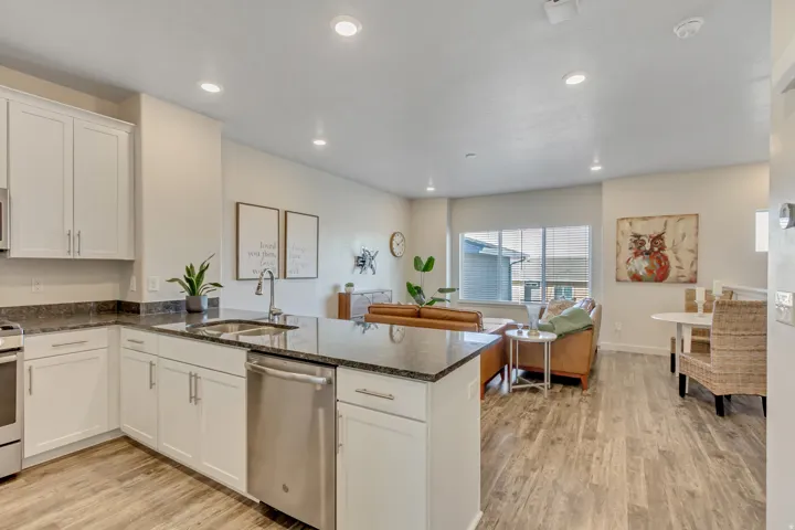 Kitchen with dark stone counters, appliances with stainless steel finishes, white cabinets, light wood-style floors, and a peninsula