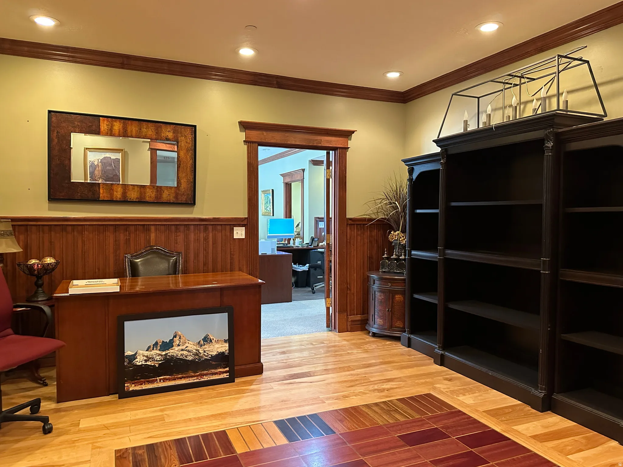 Home office featuring a wainscoted wall, ornamental molding, wood walls, and recessed lighting