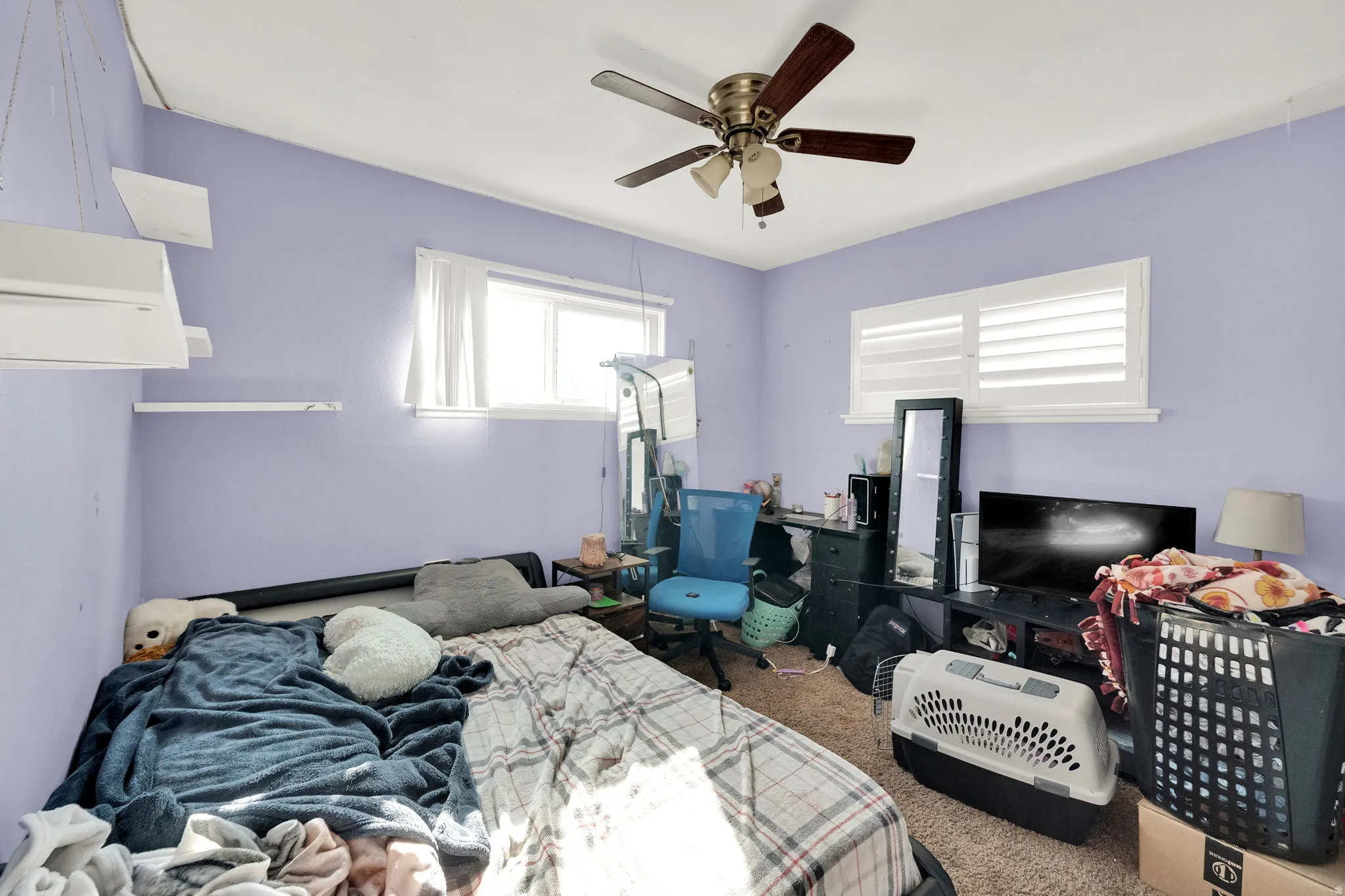 Carpeted bedroom featuring a ceiling fan