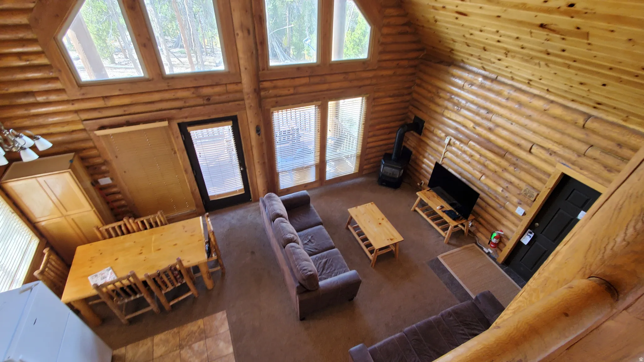 Carpeted living area with rustic walls, high vaulted ceiling, and a wood stove
