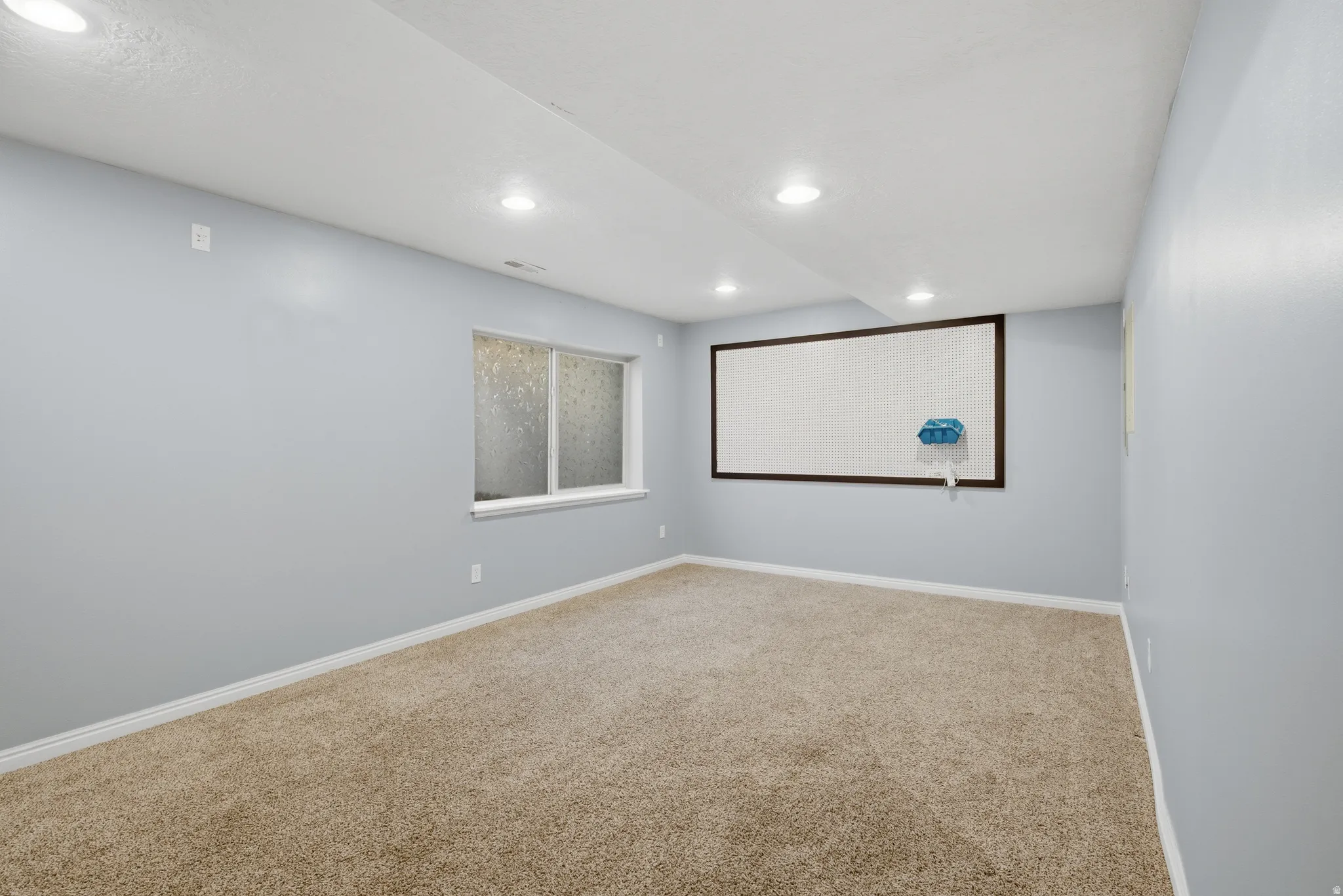 Family room  featuring two closets, carpet flooring, and recessed lighting