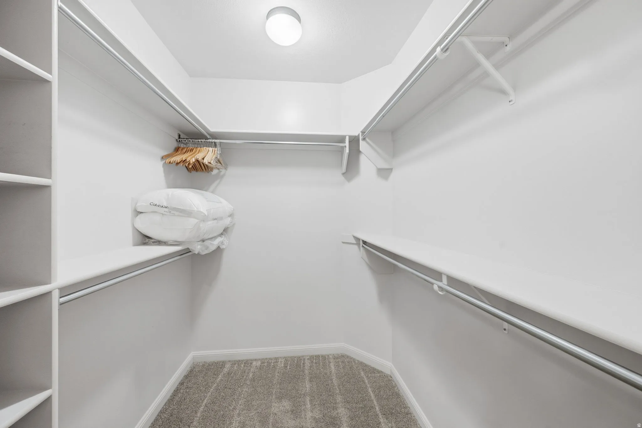 Spacious closet with light carpet